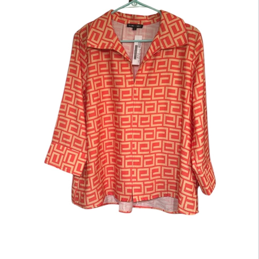 BOHO CHIC Women's Boho Chic Coral 3/4 Sleeve Top Geometric Block Size Large NEW